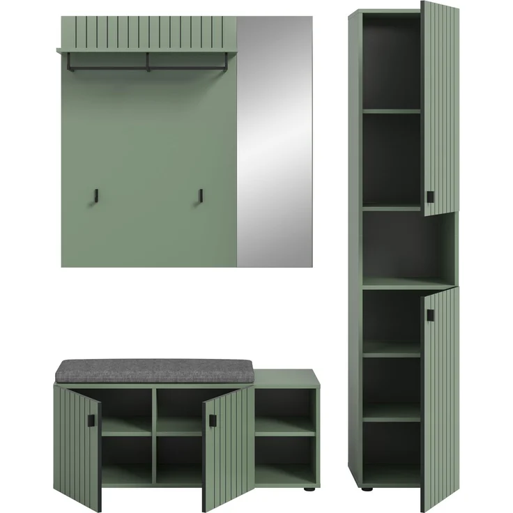 Garderobenkombination inkl. Sitzkissen (B/H/T: 161x192x37 cm) in Smoke Green Nachbildung – Bild 3