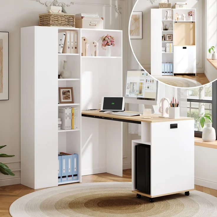 Klappbarer Schreibtisch mit Ablagen –2-in-1-Bücherregal und Schreibtisch, klappbar, mit Steckdose und USB-Anschluss, höhenverstellbare Ablagen, Kippschutz, weiß-Schreibtisch,Eck-Schreibtisch –links – Bild 4