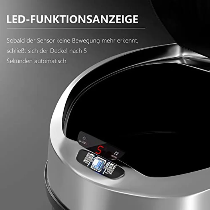 Ribelli Edelstahl Mülleimer 40 Liter - Abfalleimer mit Sensor - automatisches Öffnen und Schließen - Klemmring für Müllbeutel - Abnehmbarer Deckel - mit LED-Funktionsanzeige (schwarz) – Bild 3