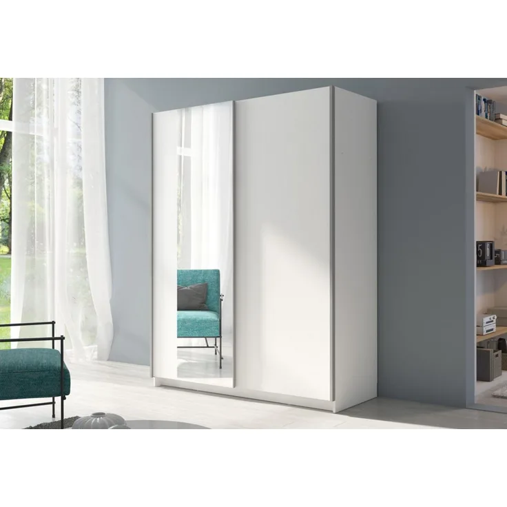 Home Collective Schwebetürenschrank Kleiderschrank Schlafzimmerschrank Schrank Garderobe, 150 oder 180 cm (mit einseitigem Spiegel an der linken Schiebetür) 4 Böden & Kleiderstange für viel Stauraum Weiß 150 cm Breite