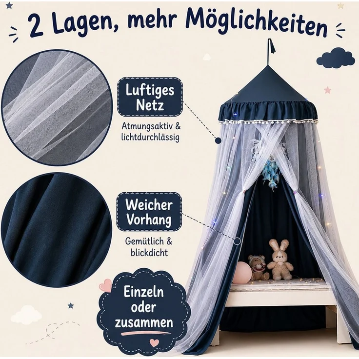 LMaxhome Himmelbett Doppellagiger, Betthimmel mit Moskitonetz, Lichtschutz für Kinder (1-tlg), 270 cm hoher Baldachin fürs Kinderzimmer, 65-cm-Ring, Deckenmontage – Bild 3
