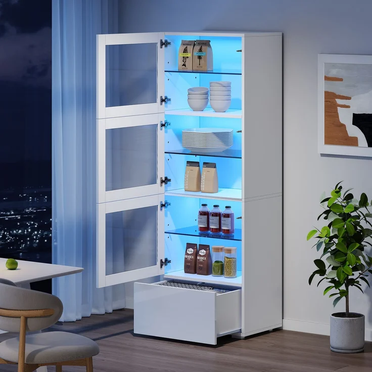 60*40*173cm Schrank,Vitrine ausSchranktür aus Acryl, Vitrine Hochglanz Lagerschrank mit LED-Beleuchtung, 3 Glasboden, Highboard, Wohnzimmerschrank, Aufbewahrungsschrank, Hochschrank, Sofaschrank,Weiß – Bild 3