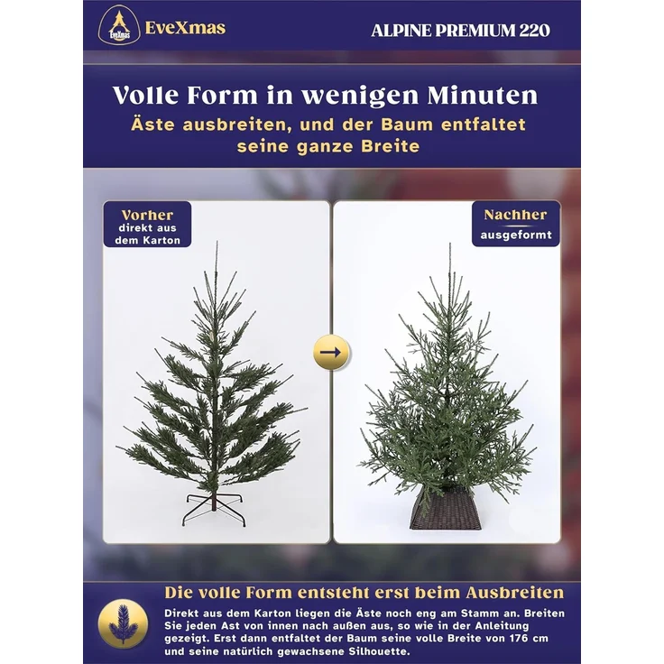 EveXmas Alpine Künstlicher Weihnachtsbaum Grün 220 cm – 826 Astspitzen, inkl. klappbarem Metallständer – Bild 6