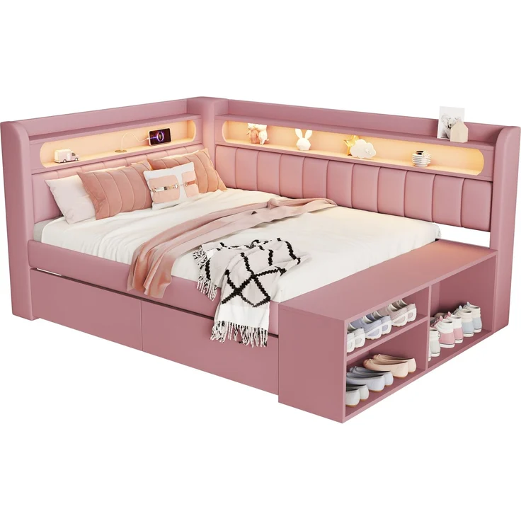 Merax Kinderbett, Einzelbett, Schlafsofa 90x200cm mit USB-Anschluss und LED-Lichtleiste, inklusive Schuhschrank und zwei Schubladen, Rosa – Bild 10