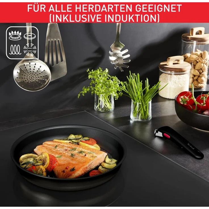 Tefal Topf-Set Ingenio Ultimate, Topf und Pfannenset abnehmbarer Griff, stapelbar, Aluminium (Set, 10-tlg, Kasserolle 16/20cm, Schmorpfanne 24cm, Pfanne 24/28cm, Deckel, Griffe), platzsparend, Pfannenset Induktion mit Antihaftversiegelung, L76491 – Bild 6