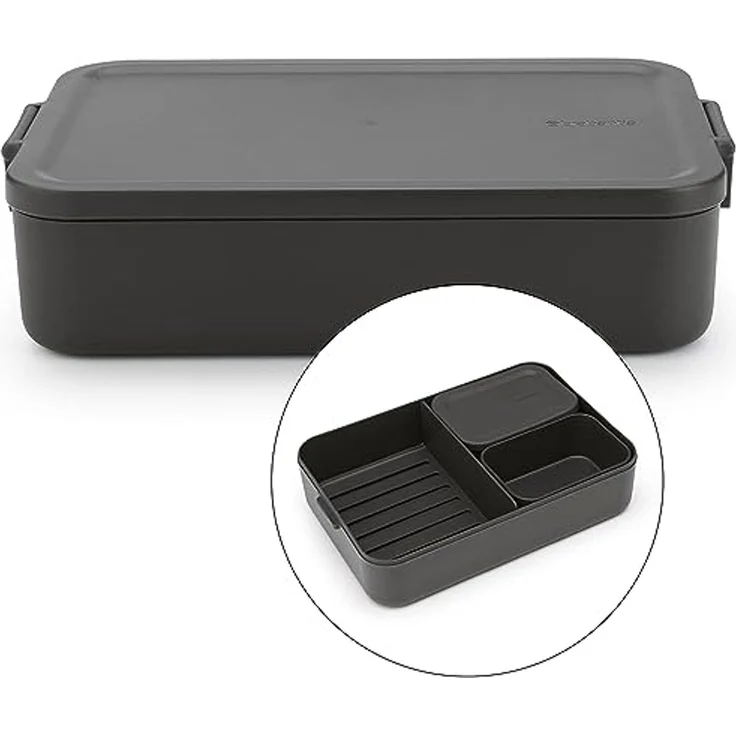 Brabantia - Make & Take Brotdose Bento - Groß - Herausnehmbare Fächer - Deckel mit Klickverschluss - Gefriergeeignet - Spülmaschinen- & Mikrowellenfest - Dark Grey - 25,5 x 16,7 x 6,2 cm – Bild 1