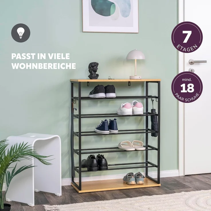 eluno Schuhregal für max. 18 Paar Schuhe, 2 Holzablagen, 4 Haken – Bild 5