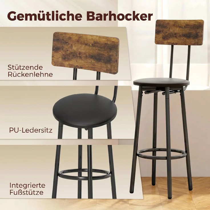 Industrie-Bartisch-Set mit 2 gepolsterten Hockern, Fußstützen, Metallrahmen, Küchentisch mit Ablage, Rustikal Braun--Rustikal Braun--91x60x60cm--YOUDENOVA – Bild 7