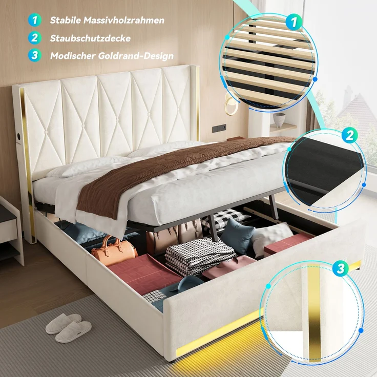 LVHOM Polsterbett mit Stauraum, Doppelbett mit LED, USB-Anschlüsse und Seitentaschen, Funktionbett, 180x200 cm, Beige – Bild 5