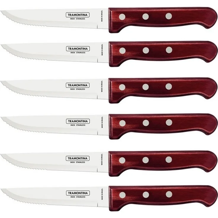 Tramontina Steakmesser GAUCHO - 6-teiliges Set, mit FSC Holzgriff (6 Stück), Echtholzgriff FSC, rostfreier Edelstahl, spülmaschinenfest