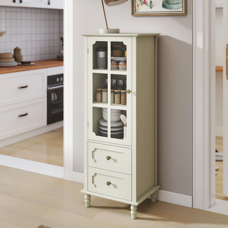 Minimalistisches Buffet mit Glastüren und Doppelschublade, modernes Sideboard aus Holz für Wohnzimmer, Esszimmer, Flur oder Eingangsbereich (weiß) – Cremeweiß – 50 x 40 x 130 cm – YOUDENOVA – Bild 2