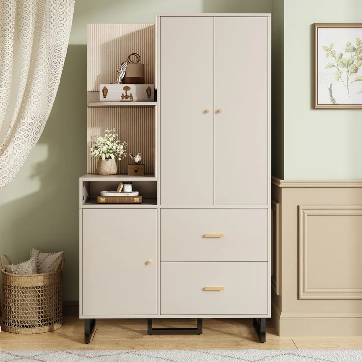 CHICFURN Schrank 110x186x38 cm mit gepolsterten Stoffpaneelen und 2 Schubladen – Beige+Grau – Bild 1