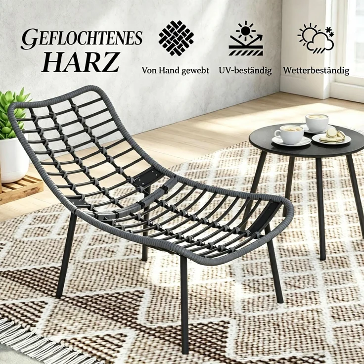Gartentischgruppe mit Tisch H 44 x Ø 50 cm, Stahl und Harzgeflecht, mit 2 Stühlen – Bild 7