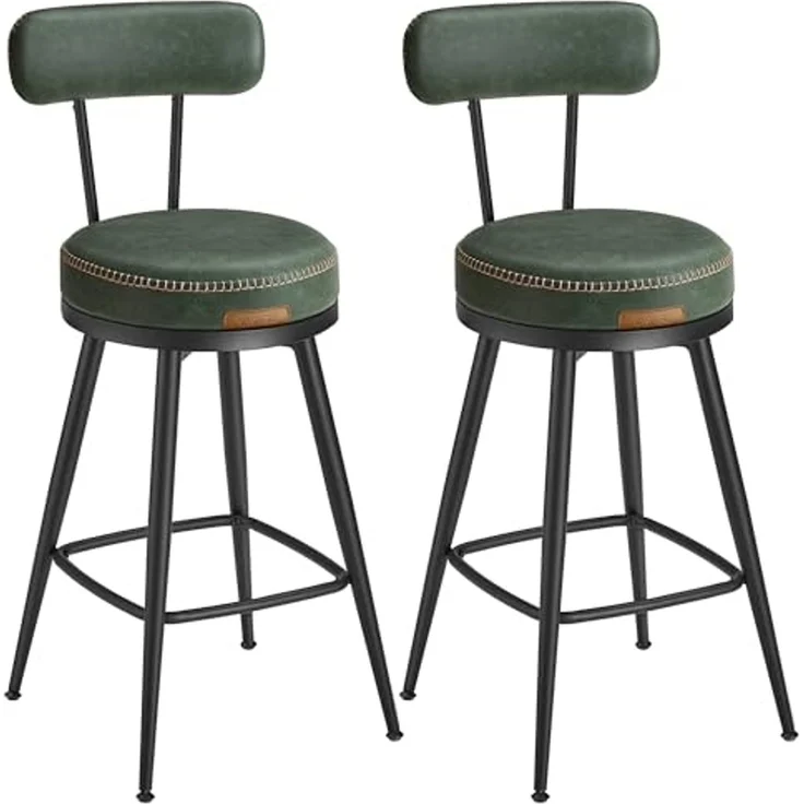 VASAGLE EKHO Kollektion - 360° drehbarer Barhocker, 2er Set, Hocker mit Rückenlehne für Kücheninsel, Kunstleder mit Nähten, Mid-Century-Modern-Stil, 65 cm hoch, Küche, Hausbar, waldgrün – Bild 1