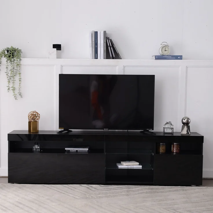 TV-Schrank, MDF mit Hochglanzfront & LED-Beleuchtung, 180x35x48 cm, Schwarz – Bild 9