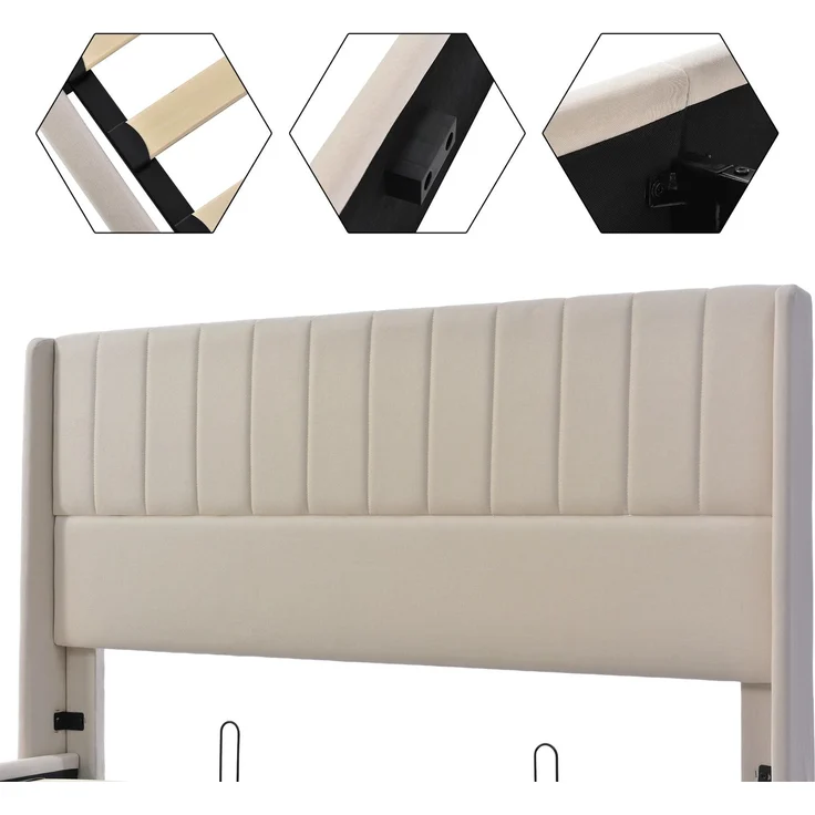 Stauraumbett Polsterbett 160x200 cm Doppelbett mit Hydrauliksystem, Lattenrost aus Holz und Metallrahmen, Leinen, Beige – Bild 6