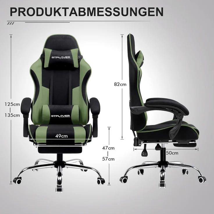 GTPLAYER Bürostuhl Gaming Stuhl Stoff Gaming Sessel Ergonomischer Gamer Stuhl mit Fußstütze, Kopfstütze Lendenkissen, Gepolstert Gaming Chair, Drehsessel – Bild 8