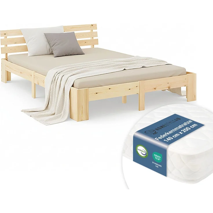 Holzbett mit Federkernmatratze 140x200 Jugendbett Doppelbett Bett Holzbettrahmen Natur Massiv Holz Lattenrost – Bild 1