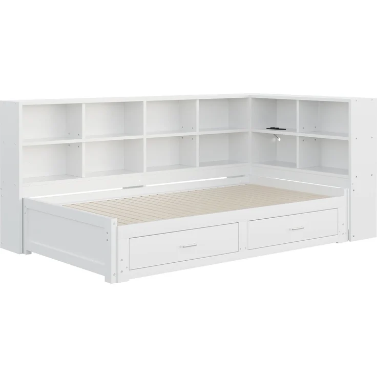 EINHOM Massivholzsofa 90 x 190 cm, mit Ausziehbarem Bett, mit Staufach, Schubladen, Lattenrost, Multifunktionales Einzelholzbett, Weiß (Ohne Matratze) – Bild 7