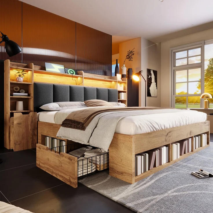 Merax 180x200 cm Doppelbett, Polsterkopfteil mit LED-Beleuchtung, Nachttische mit USB- und Type-C-Anschlüssen, Stauraum und Rollschubladen, Lattenrost aus Holz, Eichefarbe – Bild 2