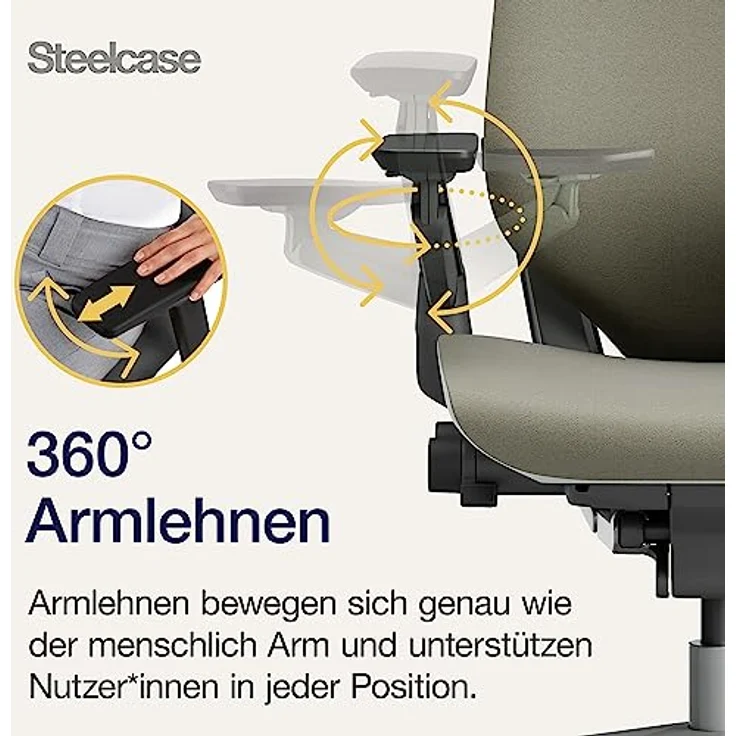 Steelcase Gesture Ergonomischer, höhenverstellbarer Bürodrehstuhl, verstellbare Lordosenstütze, verstellbare Armlehnen, komfortable Polsterung, Stoffbezug (Farbe Trüffel), Kopfstütze – Bild 7