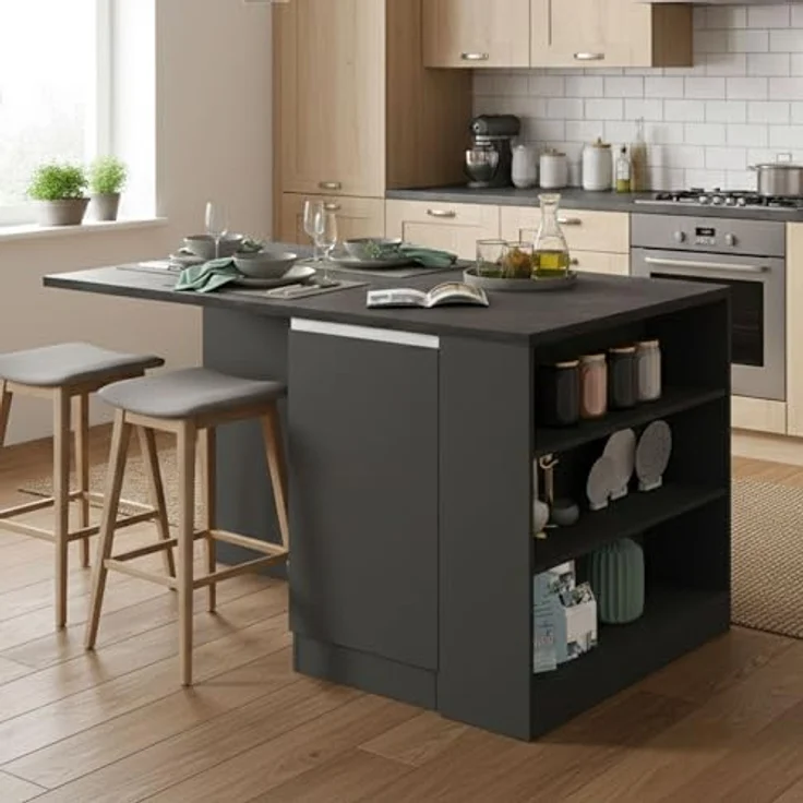 Dmora - Kücheninsel Osvaldo, Mehrzweckschrank, Küchenzeile Schrank, Zusätzlicher Tisch, 100% Made in Italy, 160 x 90 x 90 cm, Anthrazit und Schiefer – Bild 2