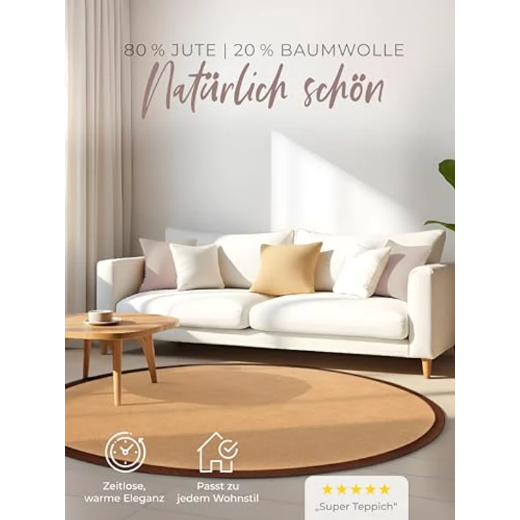 carpetfine Sisalteppich Sisal, rund, Höhe: 5 mm, mit farbiger Bordüre, Anti-Rutsch Rückseite – Bild 5