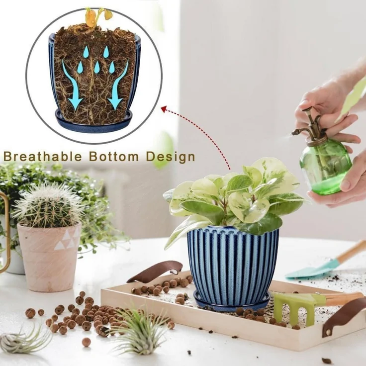 Übertopf 2er Set Keramik Drainageloch Untersetzer 15cm 13cm Blau – Bild 6