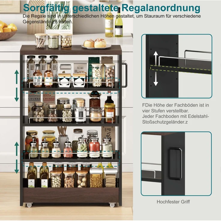 DESVIAE Regal auf Rollen mit 4 verstellbaren Böden 55x85x16 cm MDF Schwarzbraun – Bild 2