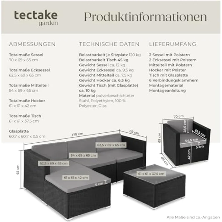 tectake® Poly Rattan Lounge, Outdoor Sitzgruppe, Set mit Sofa, 2 Sesseln, Hocker, Tisch, frei kombinierbar, Gartenmöbel für 5-6 Personen, für Garten Terrasse Balkon, inkl. Polster - schwarz – Bild 7