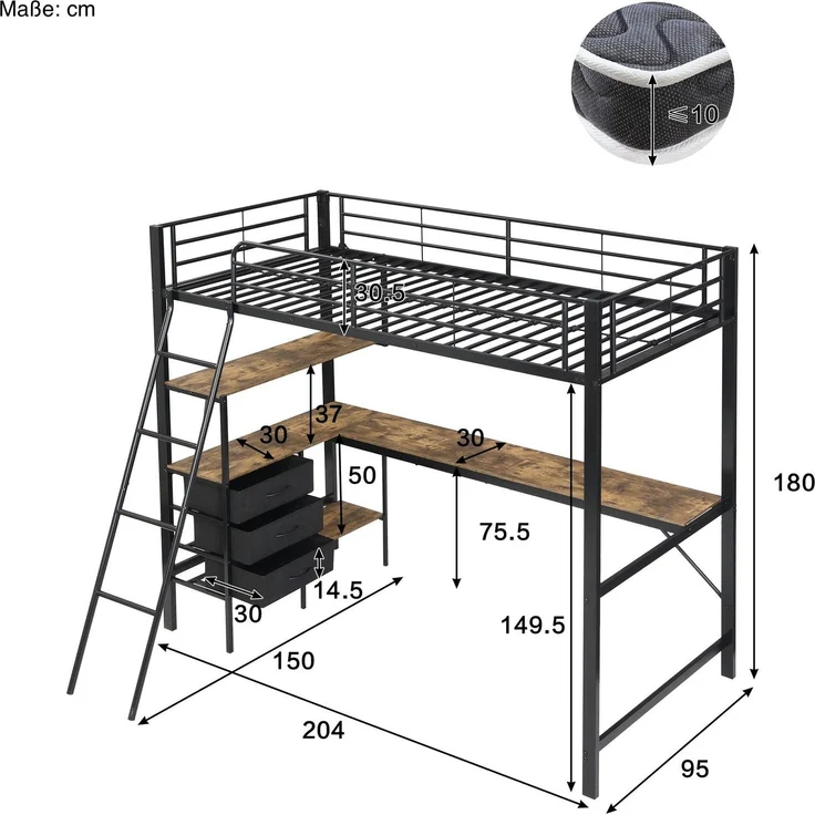 Hochbett mit Rausfallschutz, Lattenrost, Regal und Schreibtisch, 90x200 cm, Metallbett, Kinderbett, Jugendbett – Bild 8