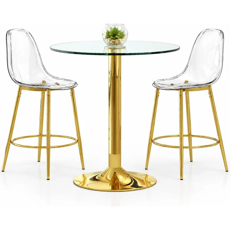 Bar-Set mit Glasplatte & 2 transparenten Hockern, Ø 89x92 cm, Gold/Transparent – Bild 7