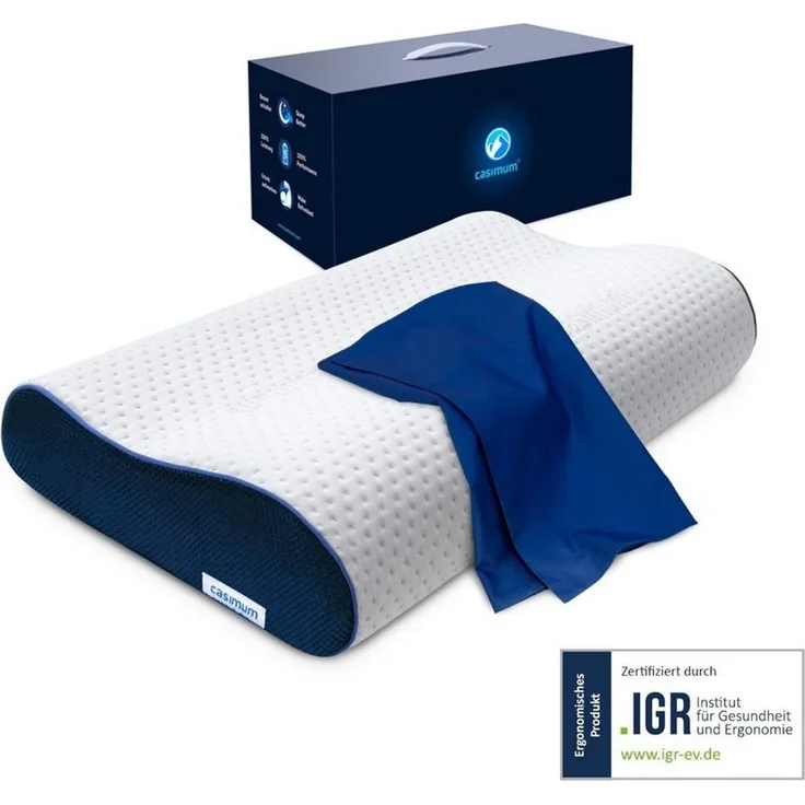 casimum Nackenstützkissen Orthopädisch mit atmungsaktivem Klimabezug, Füllung: Memory Foam, Bezug: Blau, Seitenschläfer, Rückenschläfer, ergonomisches Nackenkissen, höhenverstellbar 60x30 blauer Bezug