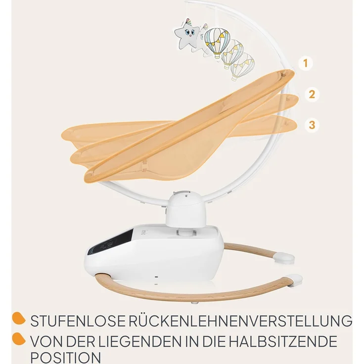 Lionelo OLIVIA Elektrische Babywippe bis zu 9 kg Neigungsverstellung, natürliches Schaukeln, 4 Geschwindigkeiten, ergonomischer Sitz, 13 Melodien, 2 Spielzeuge, Fernbedienung – Bild 4