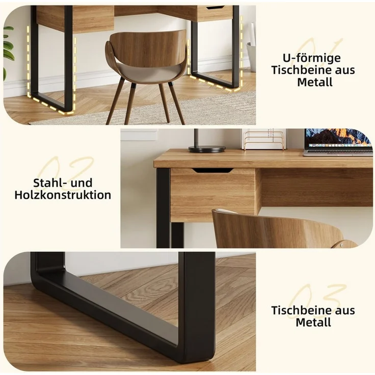 Celya Schreibtisch aus Stahl und Holz, mit 3 Schubladen zur Aufbewahrung (130×55×76cm, Melaminbeschichtung, robuste Schubladenschienen), für Homeoffice, Arbeitszimmer, Jugendzimmer oder Studentenwohnungen – Bild 4