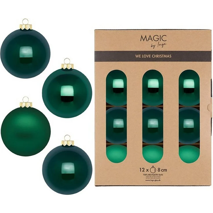 MAGIC by Inge Weihnachtsbaumkugel, Weihnachtskugeln Glas 8cm 12 Stück - Fir Green