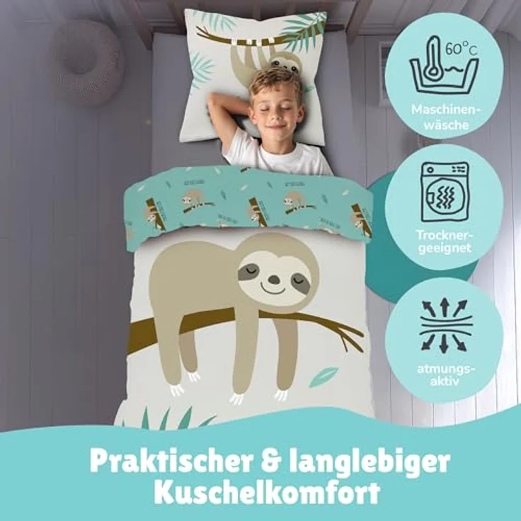 Faultier Wende Bettwäsche Set 135x200 + 80x80 cm Linon mit Reißverschluss – Bild 4