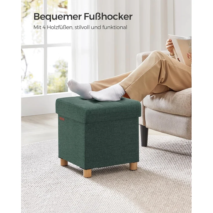 Songmics Sitzbank mit Stauraum, Schuhbank, klappbare Sitztruhe, Aufbewahrungsbox, Fußbank, 38 x 38 x 40 cm, für Wohnzimmer, Schlafzimmer, vintagegrün – Bild 6
