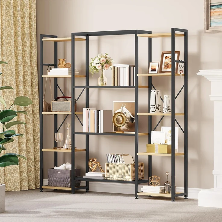 YITAHOME Standregal Bücherregal Mit 13 Regalen, Industrielles Regal Aus Holz Und Metallrahmen, Präsentationsregal Für Wohnzimmer, Heimbüro, Holzfarbe – Bild 6