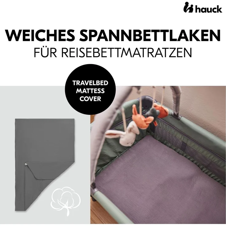hauck Baby Spannbettlaken 60x120 cm für Reisebettmatratzen, Baby Matratzenbezug Baumwolle Musselin, 60° C Maschinenwäsche, Babybettlaken mit Gummizug (Dark Grey) – Bild 2