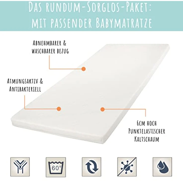 Kids Collective Kinderbett Babybett Gitterbett 60x120 und 70x140 cm höhenverstellbar, mit Schublade und Matratze weiß 70x140 cm von Geburt bis 6. Lebensjahr – Bild 3