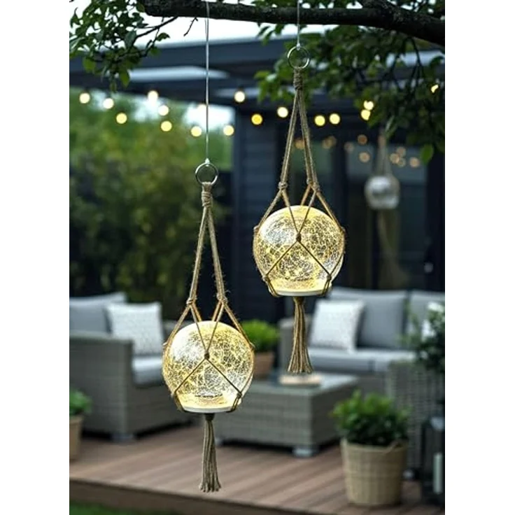 Arnusa LED Solarleuchte Solarlampe Garten als Hängelampe und Tischlampe Solar Kugel 2er Set, Dämmerungssensor, LED fest integriert, warmweiß, Boho-Stil mit hochwertigem Glas mit Jute Netz – Bild 2