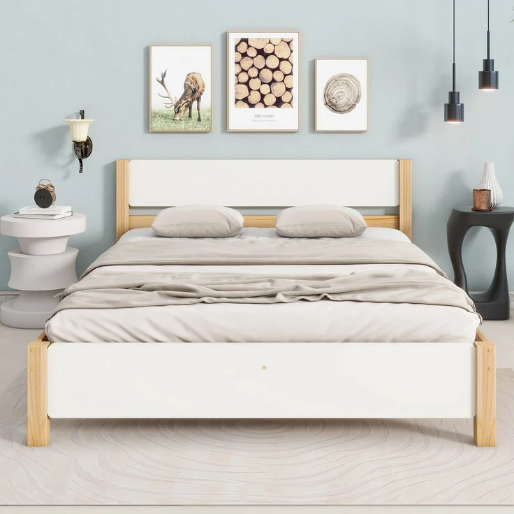 Doppelbett 140x200 cm, Holzbett mit Kiefernholzrahmen und Mittelfuß, Weiß & Natur – Bild 2