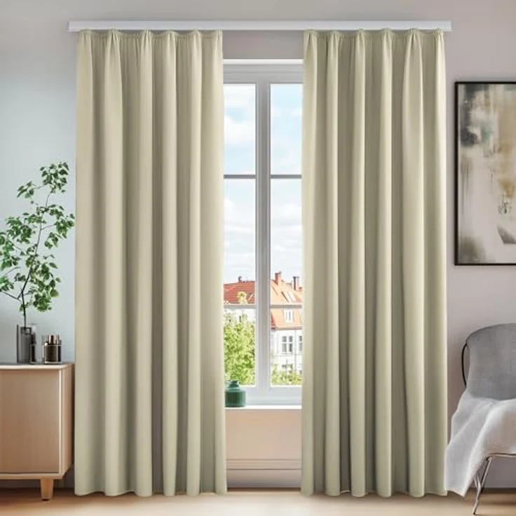 Deconovo Verdunkelnd Gardinen mit Kräuselband für Schiene Sichtschutz Beige | 2er Set, H 200 x B 140 cm, Thermogardine Wärmeisolierend, Wohnzimmer, Hitzeschutz, Sichtschutz, Wärmehaltung, Wohnzimmer Deko – Bild 1
