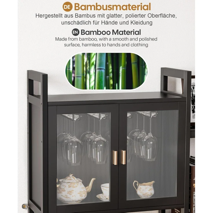 Yorbay Weinregal Freistehender Bodenständer in Schwarz mit Glastüren 4-Etagen, Weinflaschen-Display mit Seitentablaren & Glasaufbewahrung – Bild 6