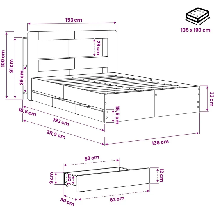 vidaXL Bettgestell mit Stauraum und Kopfteil Artisan-Eiche 3445822 – Bild 9