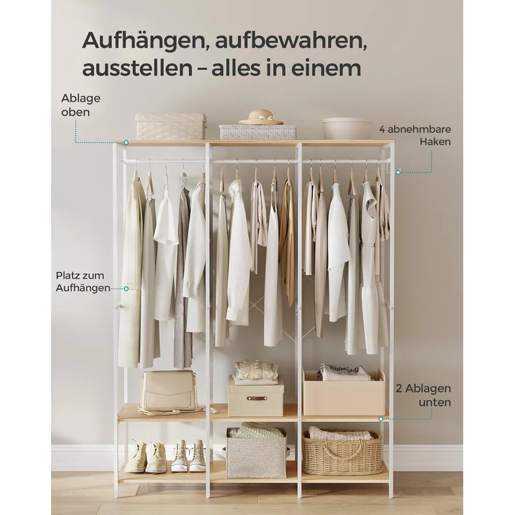 SONGMICS Kleiderschrank offen, Kleiderständer, Garderobenständer, Garderobe mit Kleiderstange, Ablagen, abnehmbare Haken, 40 x 141 x 180 cm, naturbeige RGR005W67 – Bild 4