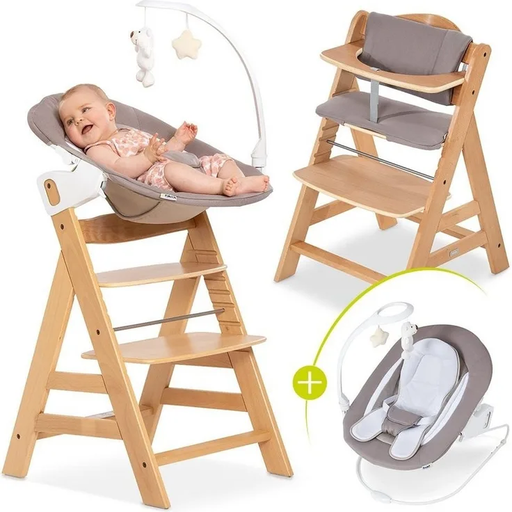 Hauck Hochstuhl Alpha Plus Natur - Newborn Set Deluxe (Set, 4 St), Holz Babystuhl ab Geburt inkl. Aufsatz für Neugeborene & Sitzauflage