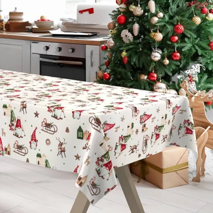 ANRO Tischdecke Weihnachten abwaschbare Weihnachtstischdecke (Einzelstück 1-tlg), Schmutzabweisend Weihnachten Rot-Grün 100x140cm – Bild 4