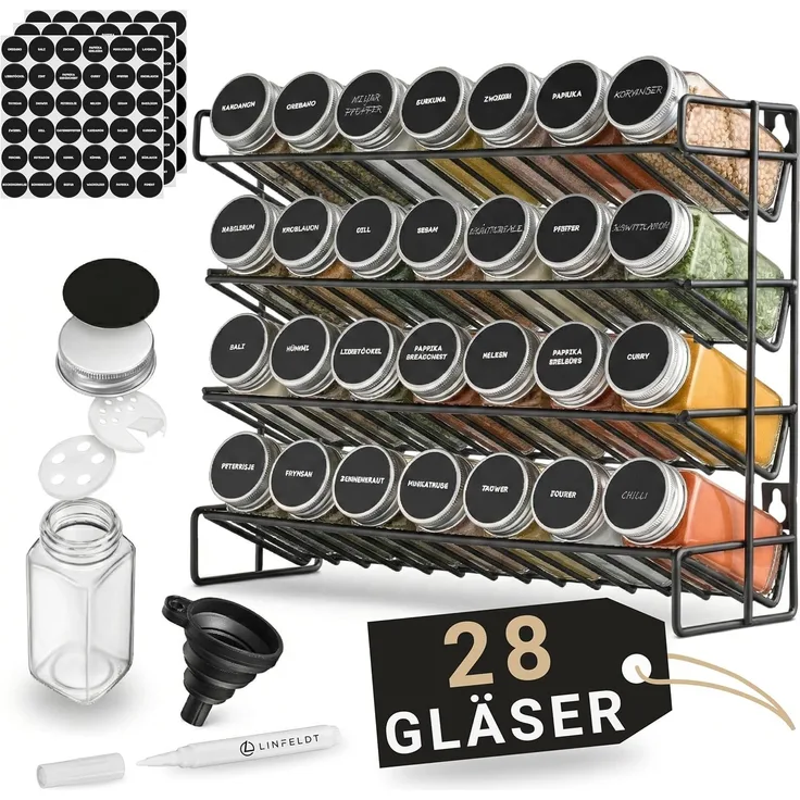 LINFELDT Gewürzregal Gewürzregal 28 Gläser + 108x Sticker, Stift, Schrauben zum Aufhängen